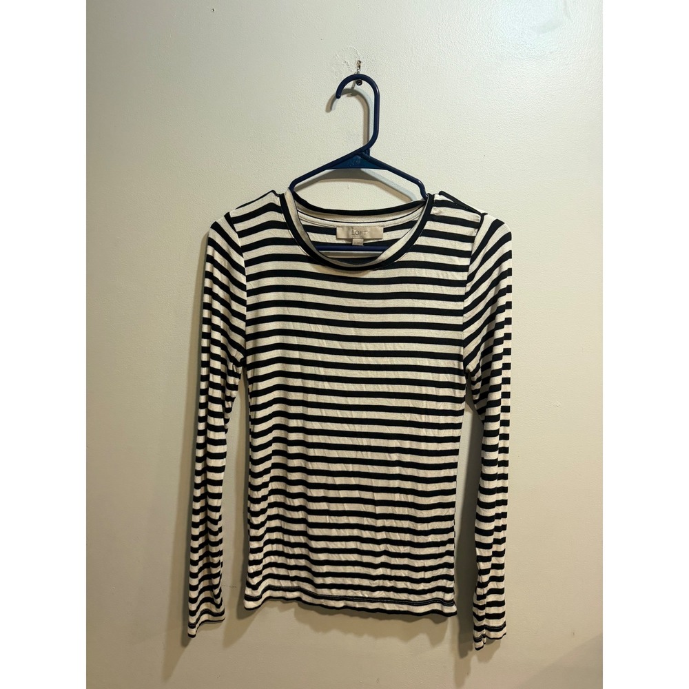 Loft Womens Small Black Cream Striped Long Sleeve Ribbed Modal Blend Top